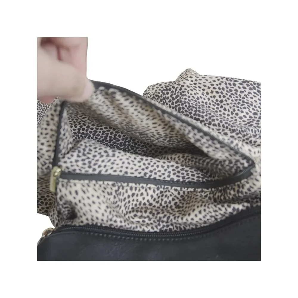 Black Woven Faux Leather Backpack Tote Animal Print Lining Laptop School Bag